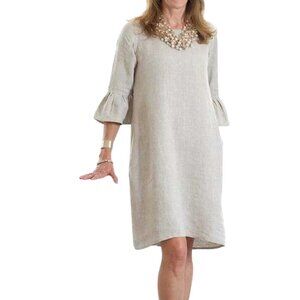 Crown Linen Designs Shift Dress Size Small Knee Length Ruffle Bell Sleeve Beige
